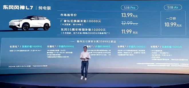 纯电续航518km一口价1099万元起风神L7EV上市